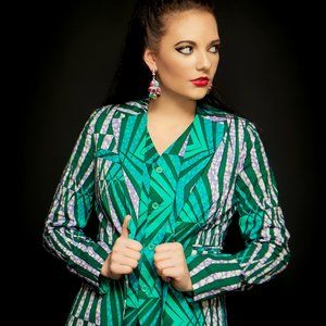 🩶NWT Geometric African Print Blazer/Jacket - B9300 Green/Teal